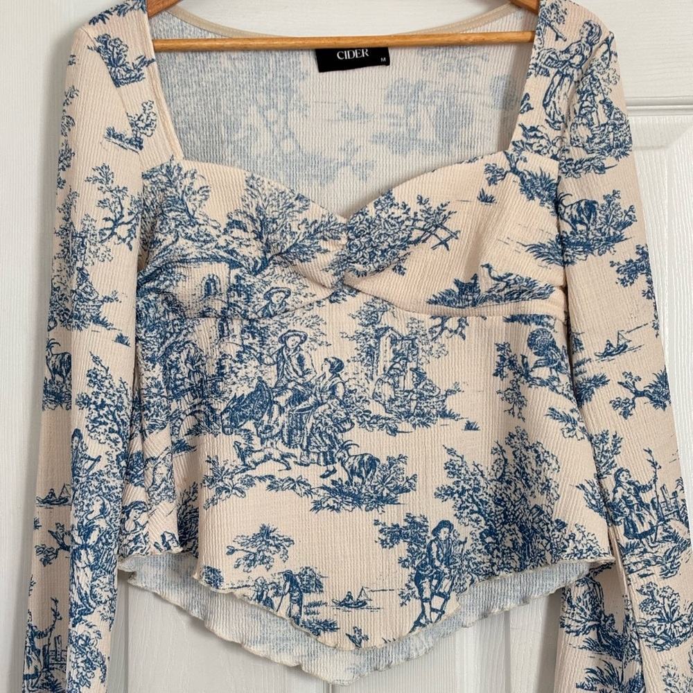 Cider Blue and Cream Toile Print Blouse